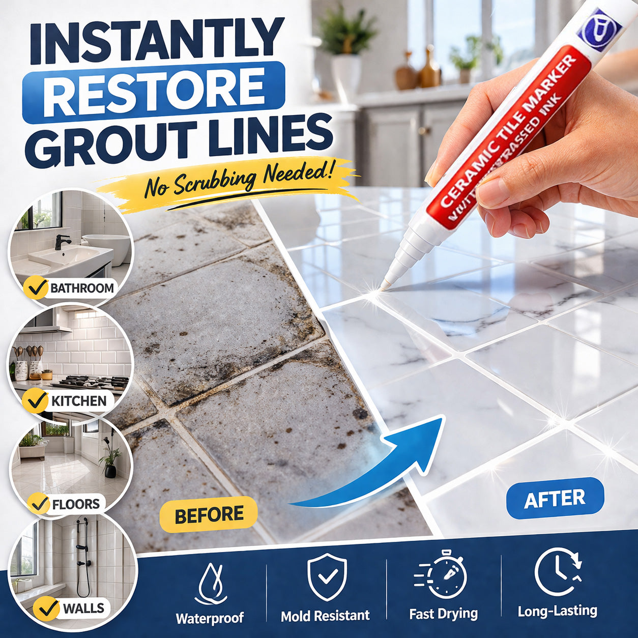 🔥Vodlan™ Anti-Mould & Waterproof Joint Pen for Ceramic Tiles! 🖌️