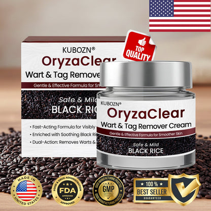 🌿 KUBOZN® OryzaClear – Black Rice Power Cream for Skin Tags & Bumps · Gentle Plant-Based Softening Formula 🅱︎
