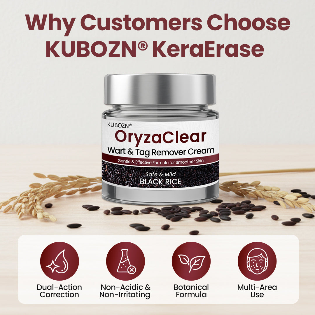 🌿 KUBOZN® OryzaClear – Black Rice Power Cream for Skin Tags & Bumps · Gentle Plant-Based Softening Formula 🅱︎
