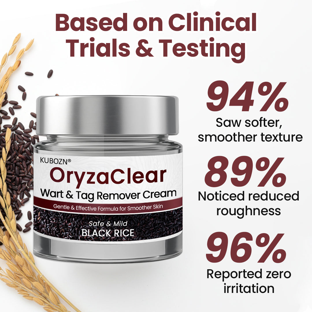 🌿 KUBOZN® OryzaClear – Black Rice Power Cream for Skin Tags & Bumps · Gentle Plant-Based Softening Formula 🅱︎