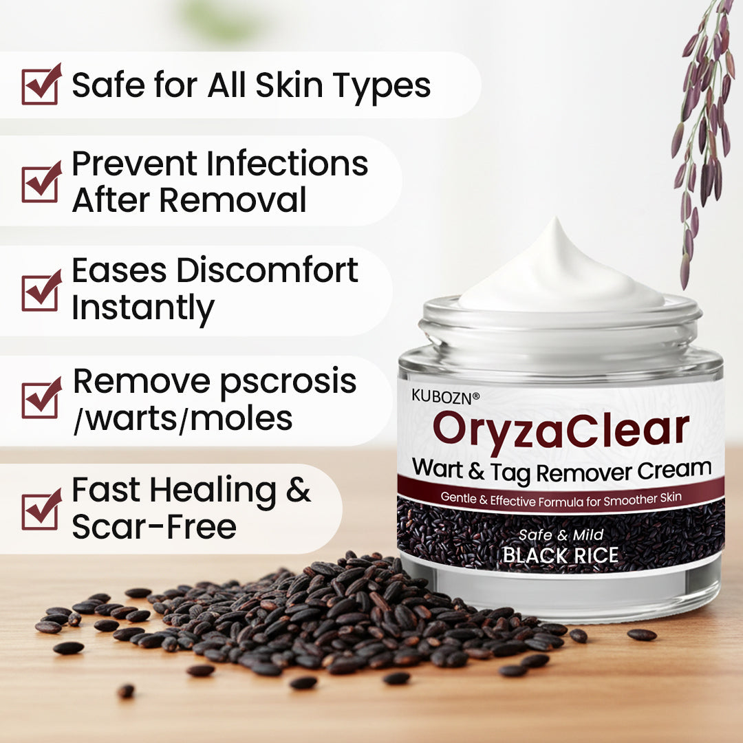 🌿 KUBOZN® OryzaClear – Black Rice Power Cream for Skin Tags & Bumps · Gentle Plant-Based Softening Formula 🅱︎