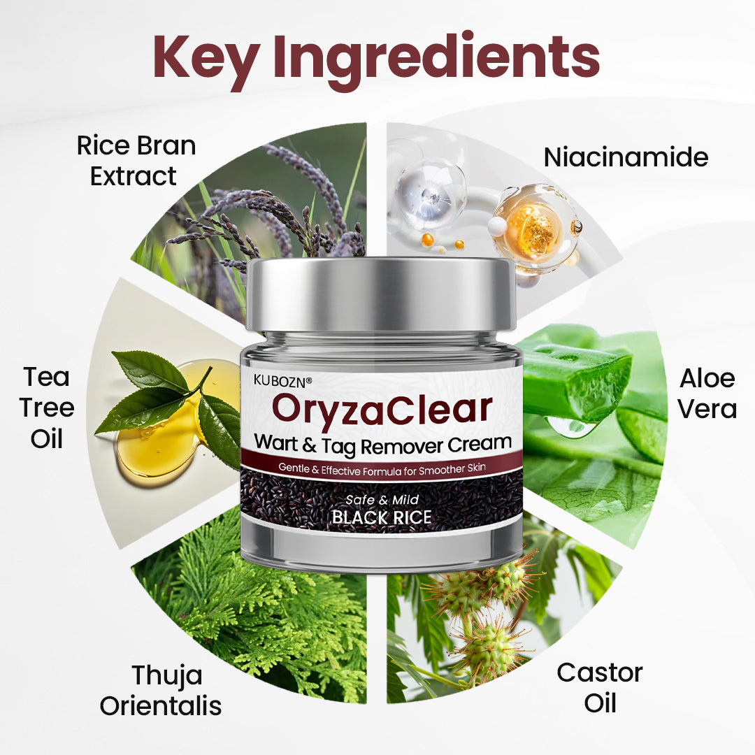 🌿 KUBOZN® OryzaClear – Black Rice Power Cream for Skin Tags & Bumps · Gentle Plant-Based Softening Formula 🅱︎