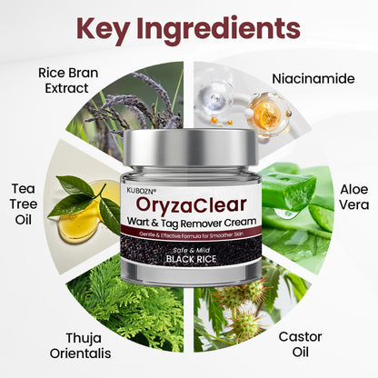 🌿 KUBOZN® OryzaClear – Black Rice Power Cream for Skin Tags & Bumps · Gentle Plant-Based Softening Formula 🅱︎