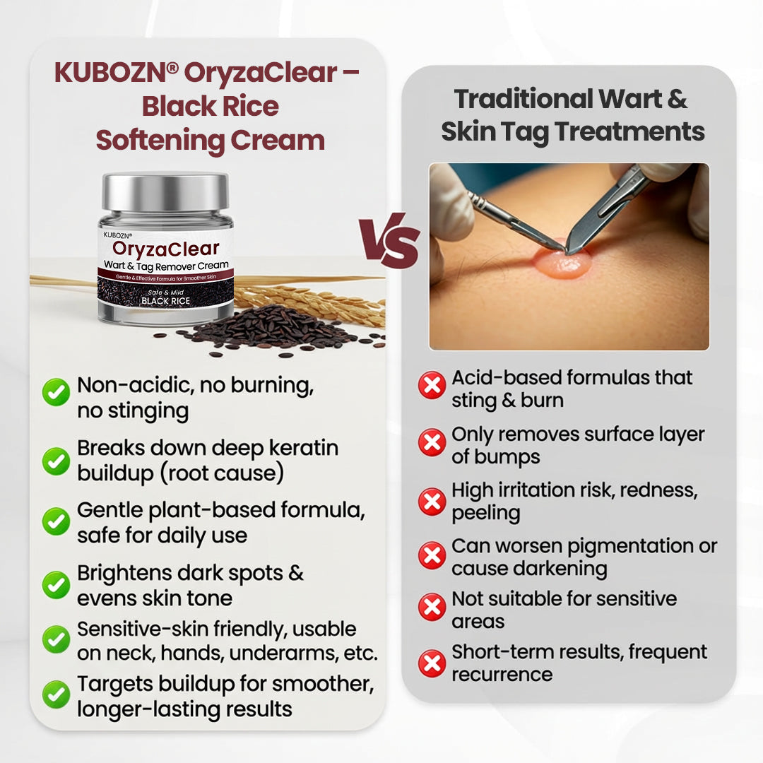 🌿 KUBOZN® OryzaClear – Black Rice Power Cream for Skin Tags & Bumps · Gentle Plant-Based Softening Formula 🅱︎