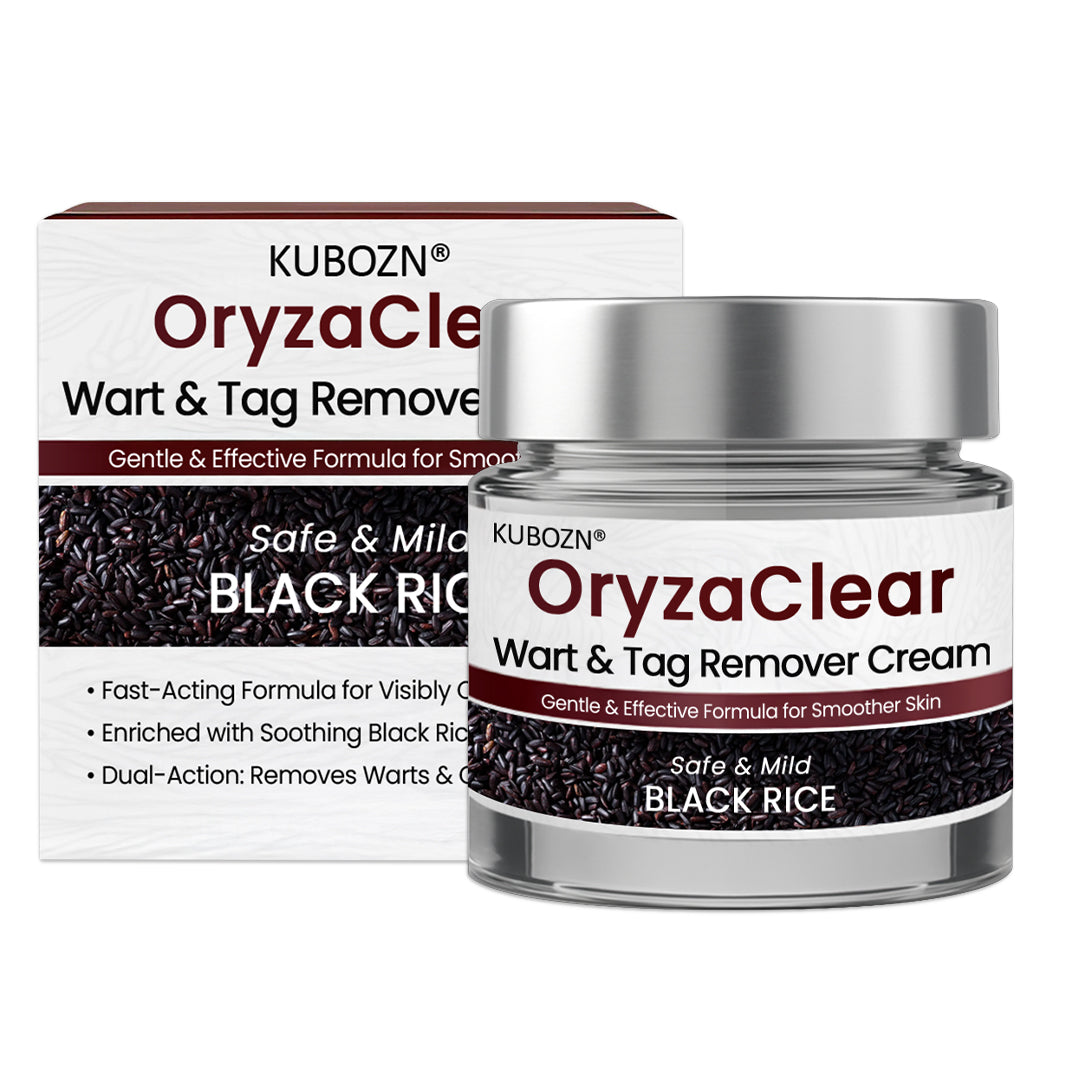 🌿 KUBOZN® OryzaClear – Black Rice Power Cream for Skin Tags & Bumps · Gentle Plant-Based Softening Formula 🅱︎
