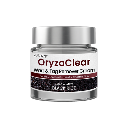 🌿 KUBOZN® OryzaClear – Black Rice Power Cream for Skin Tags & Bumps · Gentle Plant-Based Softening Formula 🅱︎